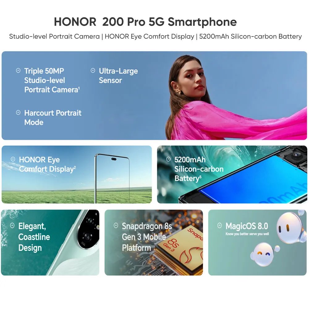 New Original Honor 200 Pro 6.78 Inches 120Hz OLED Screen Snapdragon 8s Gen 3 Battery 5200mAh NFC 5G Mobile Phone